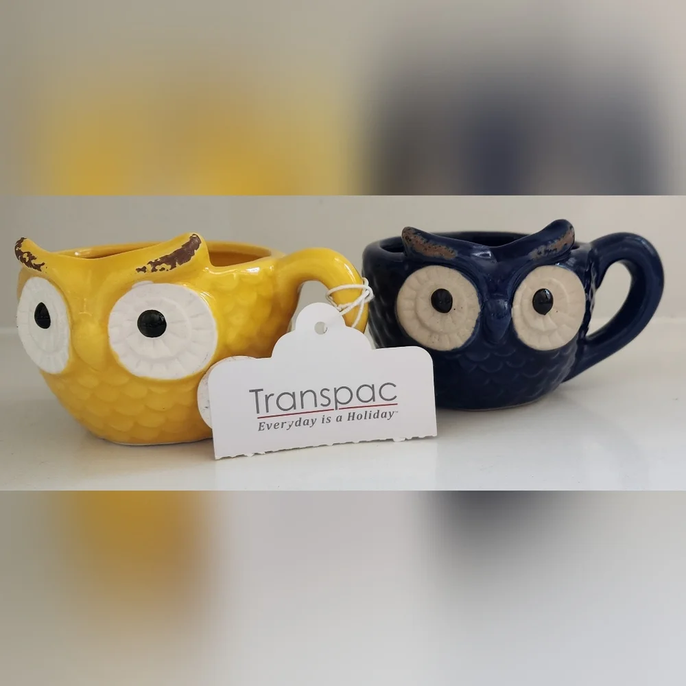 Transpac Yellow Blue Owl Mugs 6 Oz Capacity Set Of Two New With‎ Tag